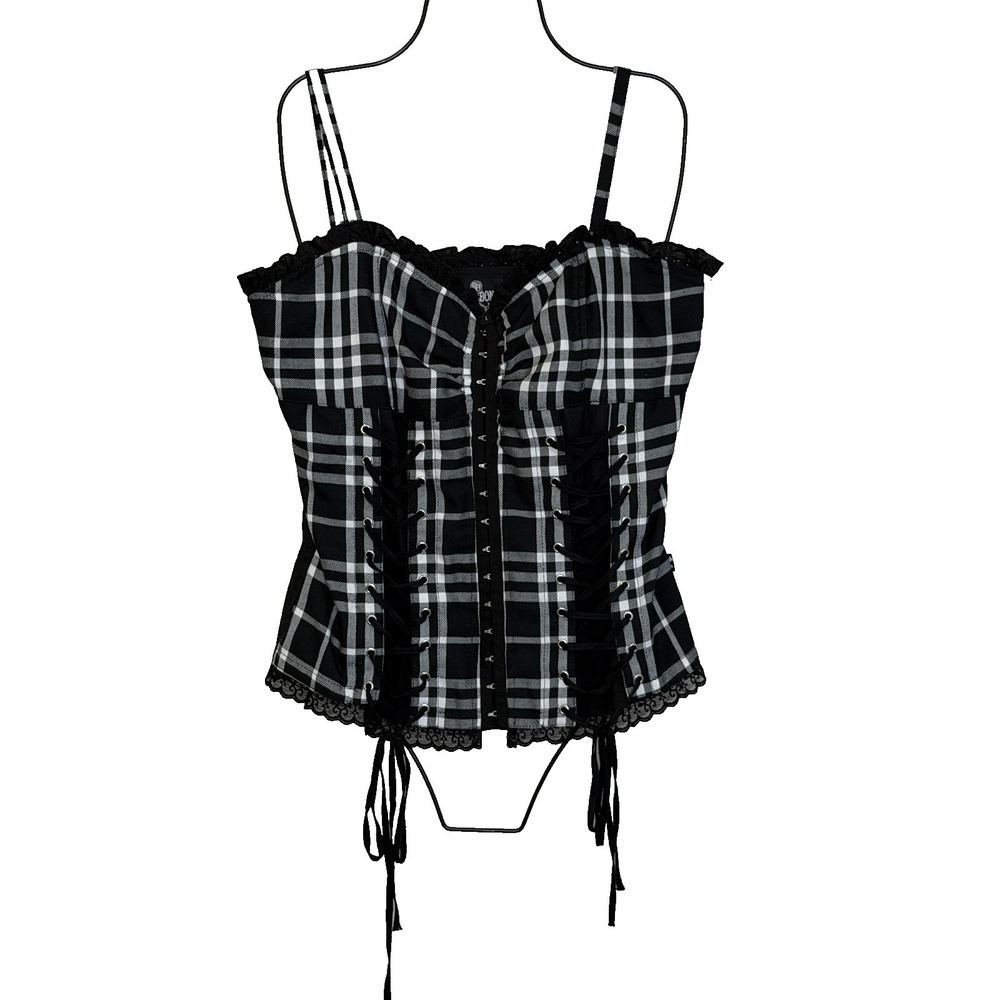 Royal Bones Corset Top Womens Sz Large Black White Plaid‎ Lace Trim Gothic Punk